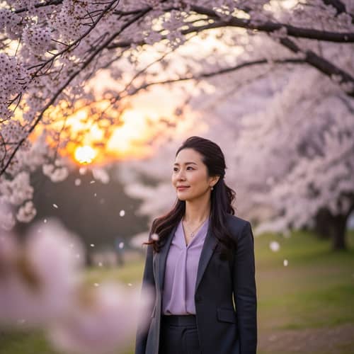 Professional Asian Woman in Lavender Blouse Among Cherry Blossom Trees