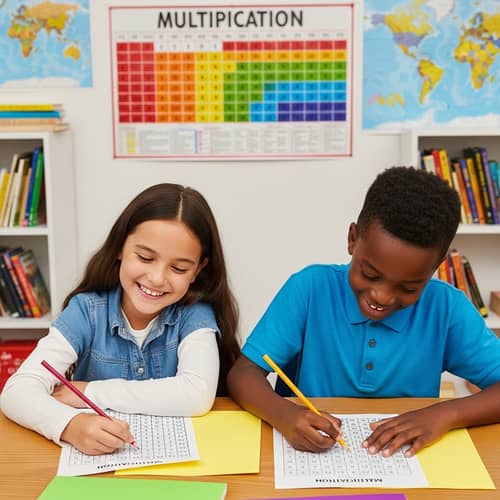Colorful Classroom: Smiling Kids Engaging with Multiplication Tables