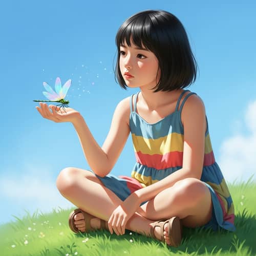 Daydreaming East Asian Girl with Iridescent Dragonfly