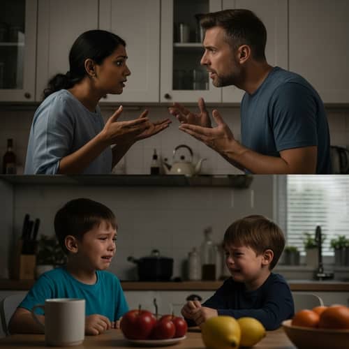 Family Argument in Kitchen: Emotional Scene Depicting Mother, Father, and Son