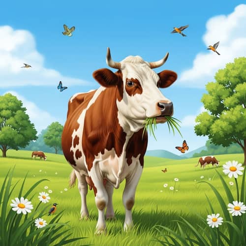 Majestic Cow in Serene Pasture | Tranquil Nature Scene