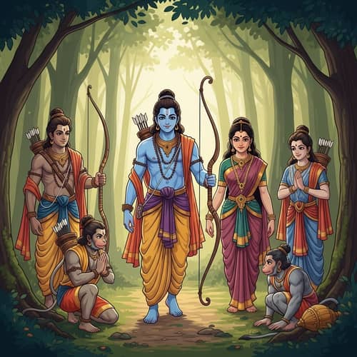 Epic Ramayana Depiction with Rama, Sita, Bharata & Hanuman