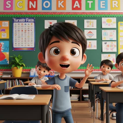 Unique School Scenario: Asian Student with Cartoon-like Features in Vibrant Class