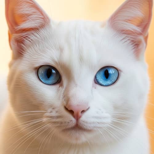 White Cat with Blue Eyes on Light Orange Background
