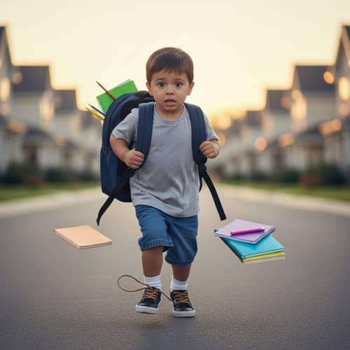 Worried Hispanic Boy Running Late with Untied Shoelaces | Back to School Scene