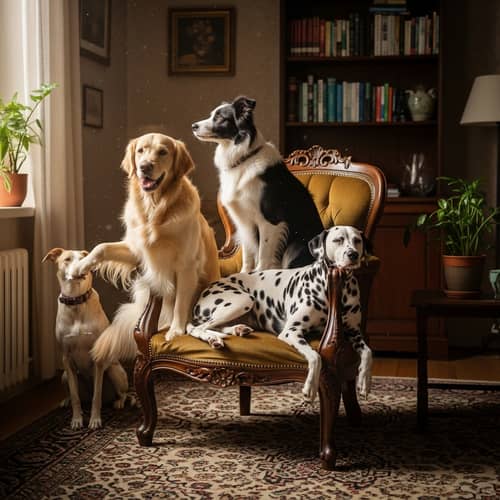 Diverse Array of Dogs Relaxing on Antique Chair