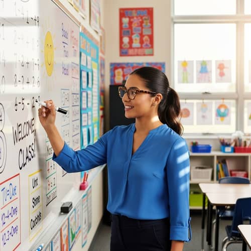 Professional Hispanic Female Elementary School Teacher in Classroom