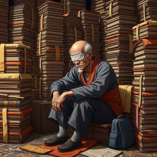 Elderly Blind Man Amidst Buddhist Scriptures