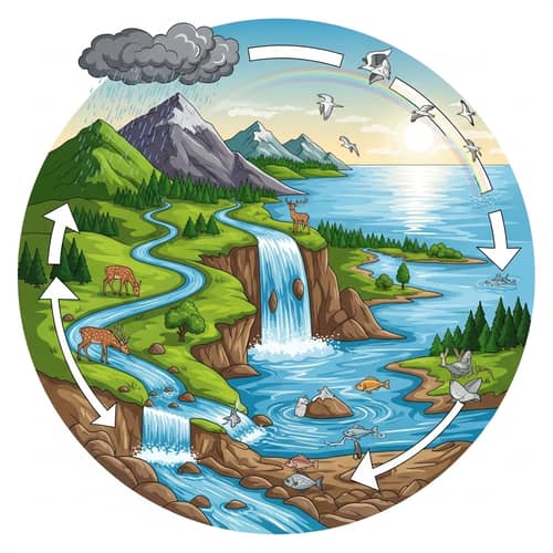Story of Water: Serene Mountainside to Vast Ocean with Rainbow