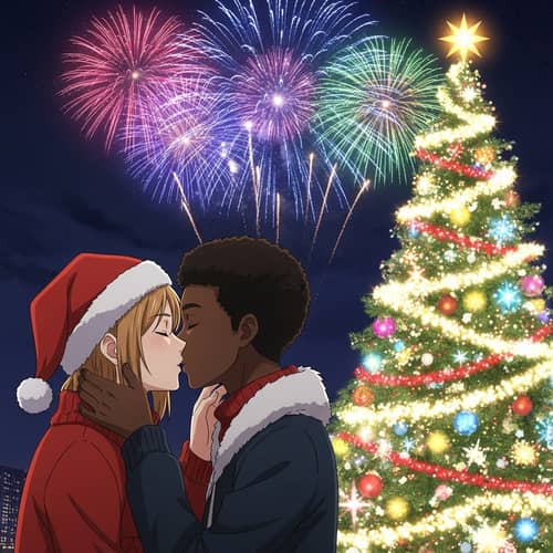 Diverse Couple Christmas Kiss | Fireworks Celebration