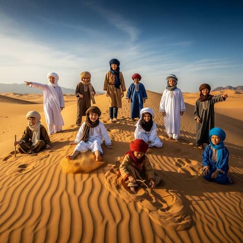Diverse Children Playing in Traditional Attire on Desert Sand Dunes