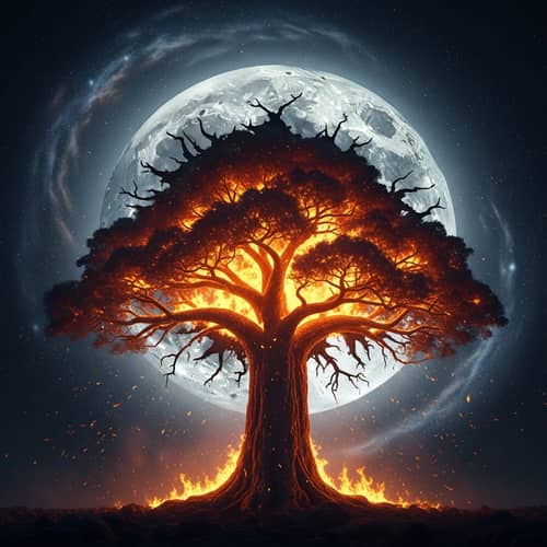 Giant Burning Tree & Moon: Spectacular Night Sky Display