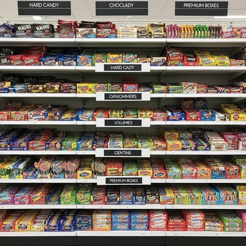 Colorful Candy Display at Vertical Department Store Shelving