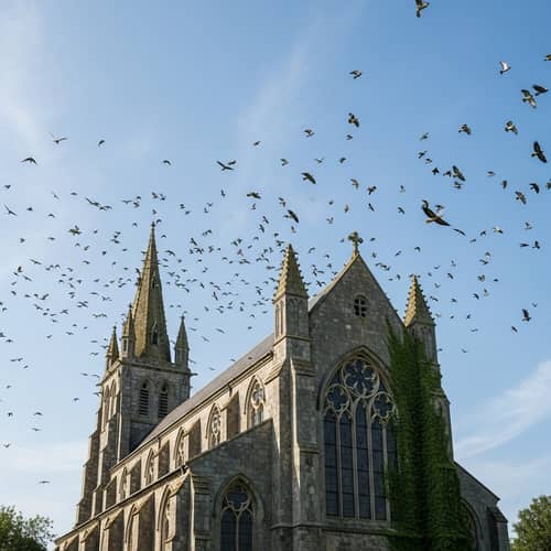 Majestic Birds Soar Above Medieval Church | Nature Spectacle