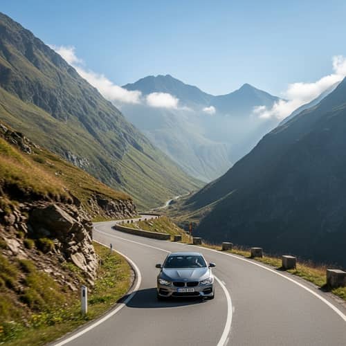 Sleek Silver Car Speeding through Mountain Scenery