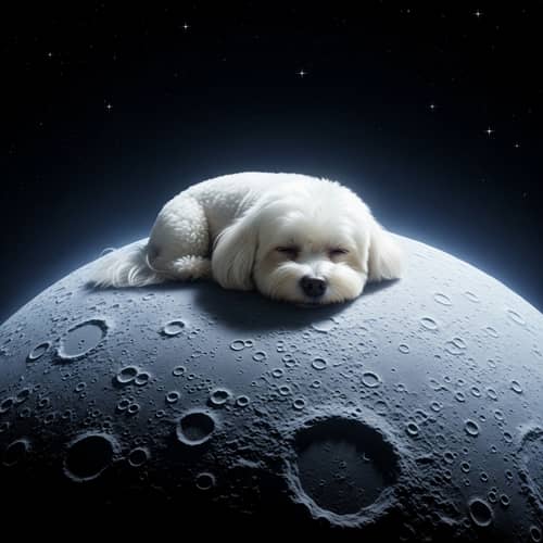White Fluffy Bichon Dog Sleeping on Moon | Tranquil Night Scene