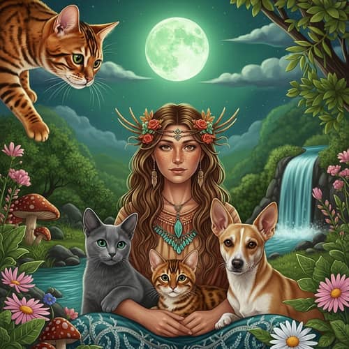 Mystical Scene with Bengal Cats, Shamanic Woman, Russian Blue Cat, and Creole Dog