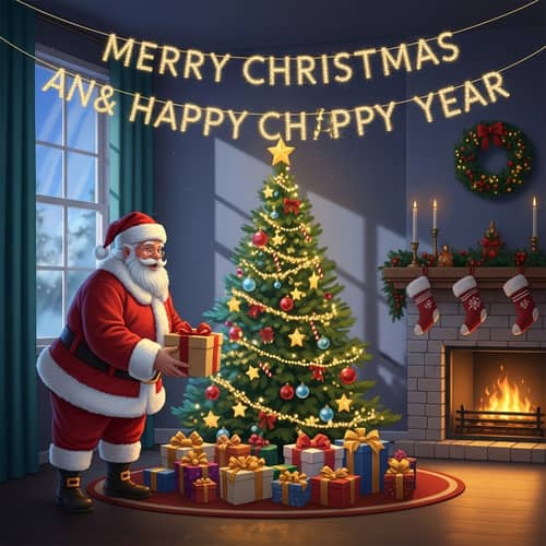 Festive Christmas Scene with Santa, Gifts & Twinkling Lights