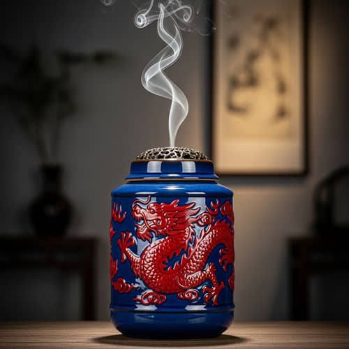 Chinese Incense Jar with Red Dragon: Symbol of Luck & Power