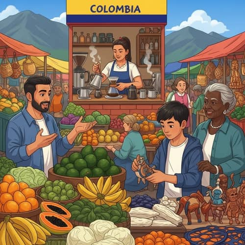 Colombian Open-Air Market with Fresh Fruits and Local Crafts