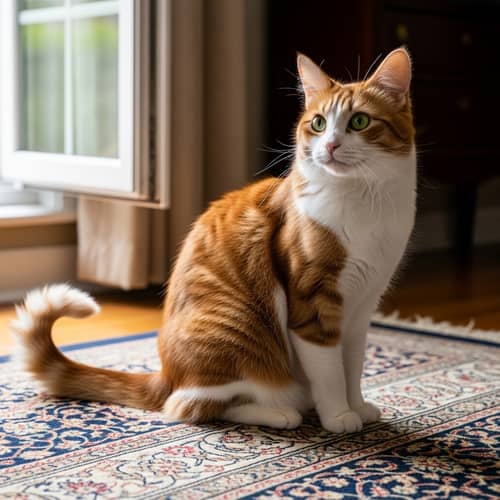 Elegant Feline on Victorian-era Rug: Russet & White Beauty