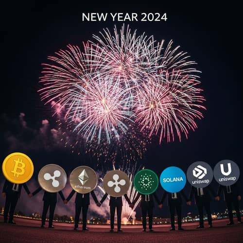 Cryptocurrency New Year 2024 Celebration with Bitcoin, Ethereum, XRP