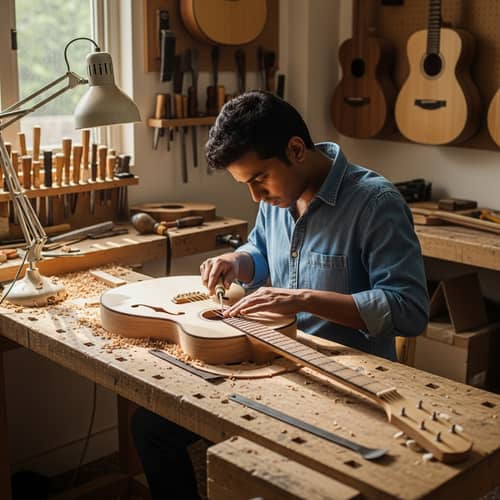 Crafting Guitar: South Asian Man Creating Musical Beauty