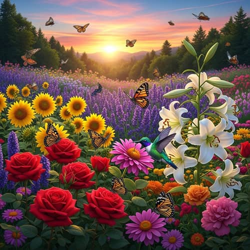 Vibrant Flower Garden at Sunset: Roses, Sunflowers, Lavender