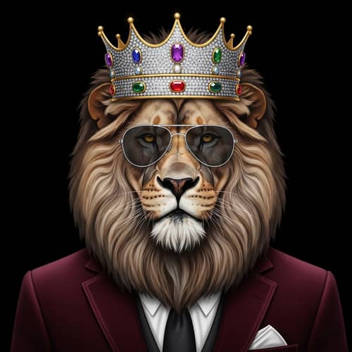 Regal Lion with Colorful Crown and Elegant Attire