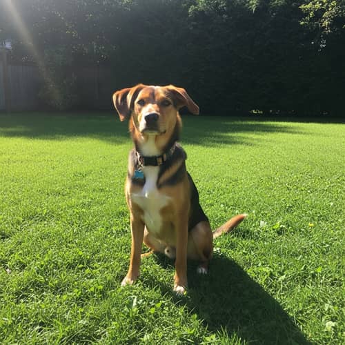 Healthy Mix Breed Dog in Lush Green Backyard