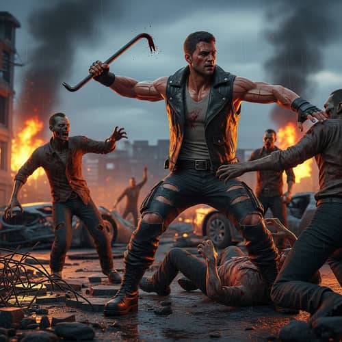 Muscular Male Battling Zombies - Action Scene