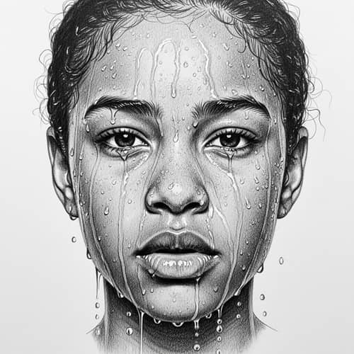 Emotive Mixed-Race Portrait with Water Droplets - Sketch Art