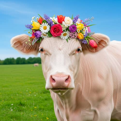 Pink Cow with Colorful Flower Crown in Lush Meadow
