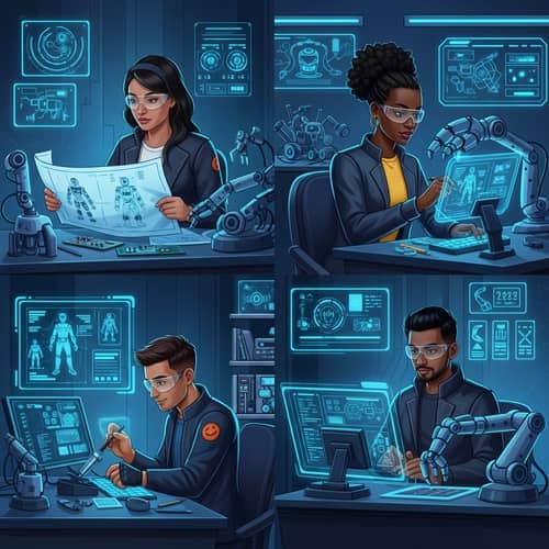 Futuristic Robotics Scene with Diverse Innovators | Robotics Pioneer