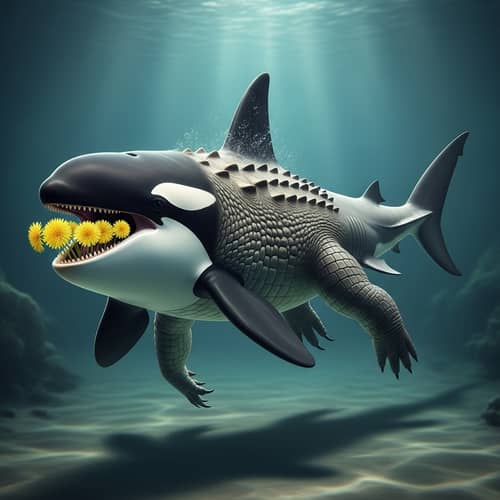 Surreal Creature with Orca, Crocodile, Shark, and Dandelion Teeth