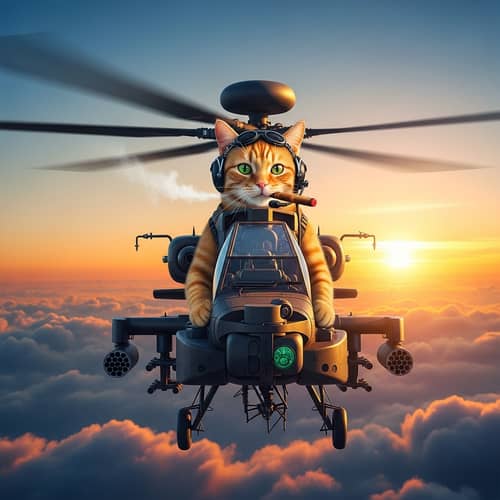 Ginger Tabby Cat Flying Apache Helicopter at Sunset