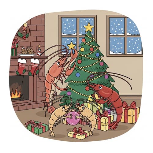 Anthropomorphic Shrimp Family Celebrating Christmas | Festive Cartoon