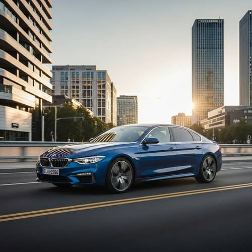 Sleek Blue Car in Modern Cityscape | Urban Chic Design
