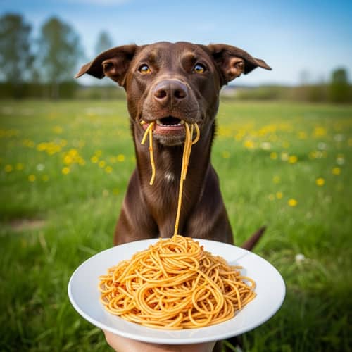 Cheerful Dog Enjoying Spaghetti on Green Meadow