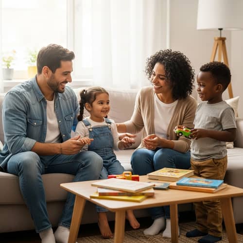 Diverse and Joyful Family Moment in Comforting Living Room