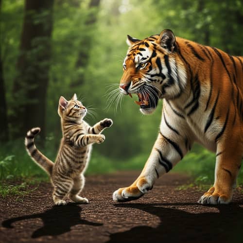 Brave Housecat Faces Menacing Tiger in Lush Green Forest