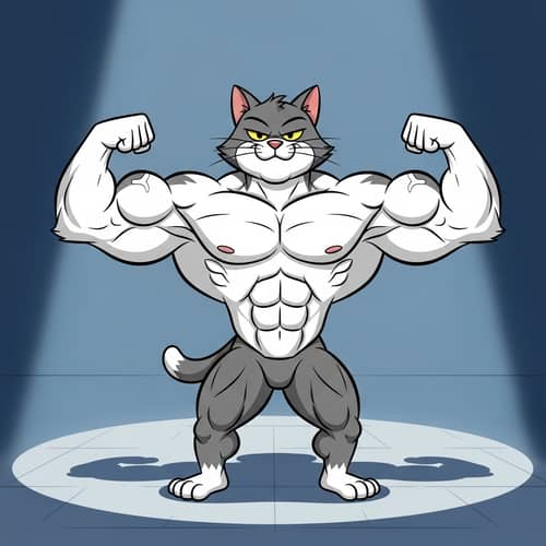 Muscular Cartoon Cat Flexing Biceps | Grey & White Fur