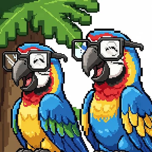 Female Macaws Laughing with Nerdy Glasses in 8-Bit Style