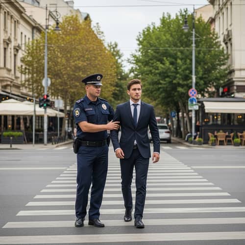 Police Officer Assisting Man Across Sofia Streets | Safety Escort