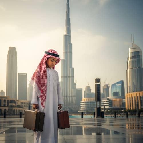 Middle-Eastern Young Boy in Traditional Saudi Clothing Departs from Iconic Dubai Scene