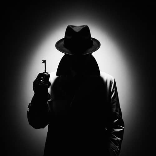 Vintage Film Noir Style Photograph with Mysterious Figure Holding Key