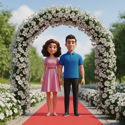 Romantic 3D Rendering of Couple in Garden Setting