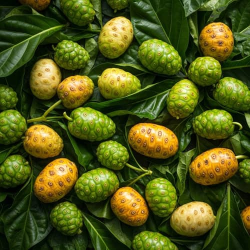 Vibrant Noni Fruit Background - Lush Tropical Foliage