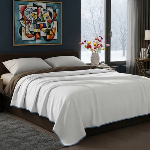 White Blanket with Thin Blue Edging on Brown Bed