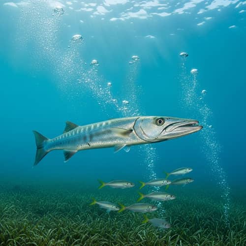 Sleek Barracuda Fish: Predatory Silver Swimmer Underwater